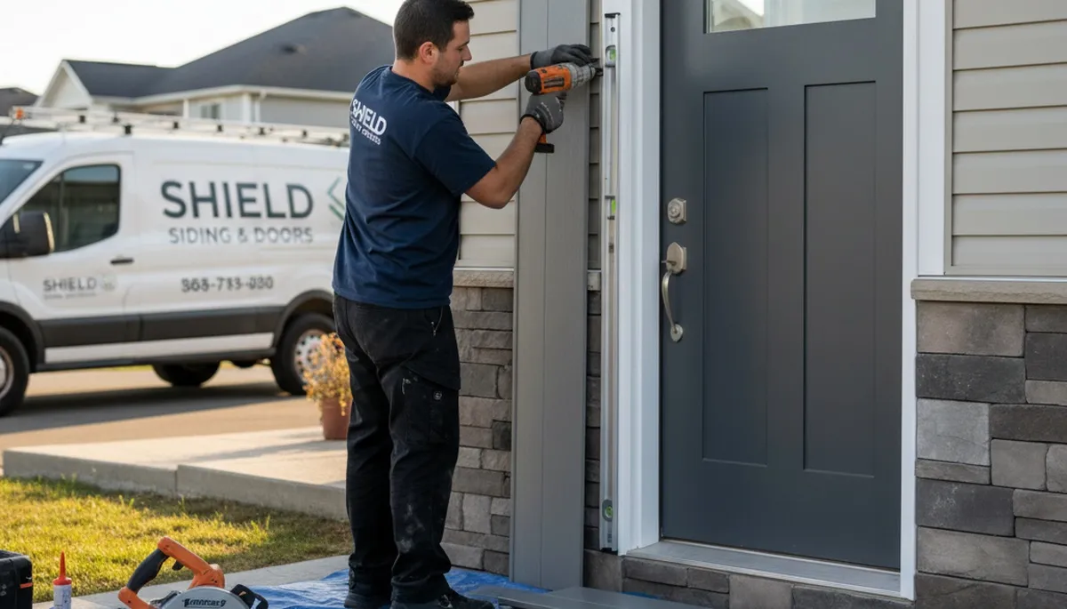 Technician repairing door frame and weatherstripping at Philadelphia PA home for Next Level Exteriors