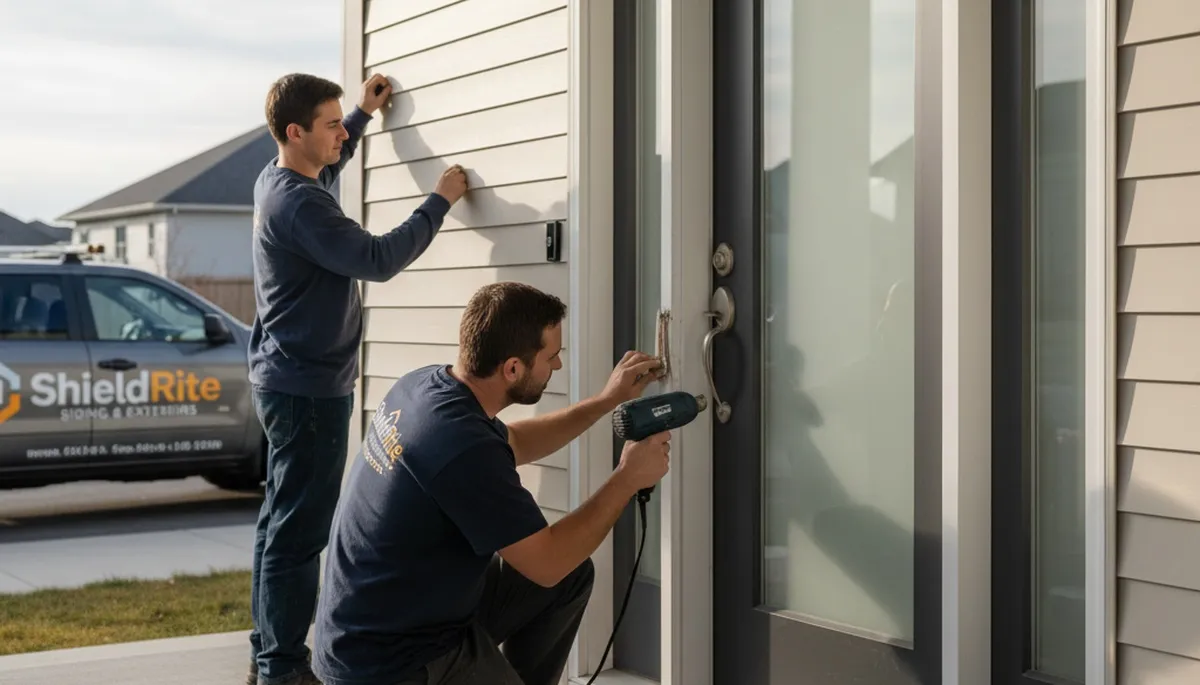 Technician repairing residential door frame with vinyl siding in Philadelphia, PA