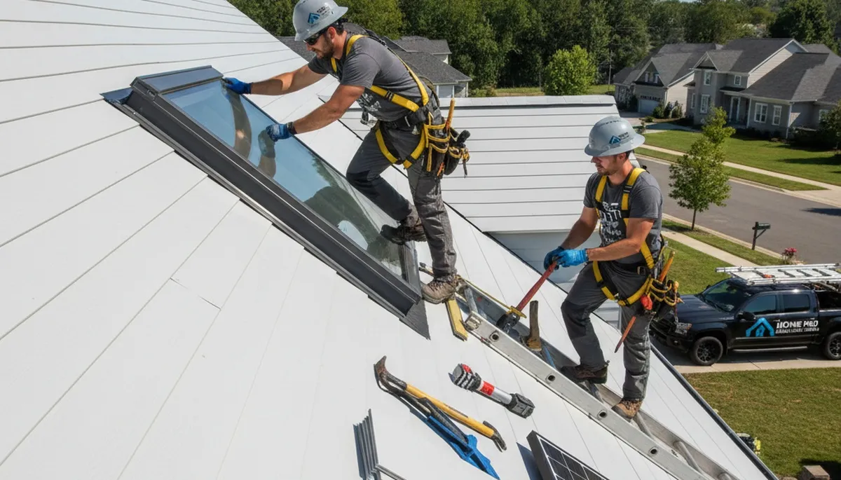 Technician repairing skylight on vinyl-sided roof in Philadelphia, PA